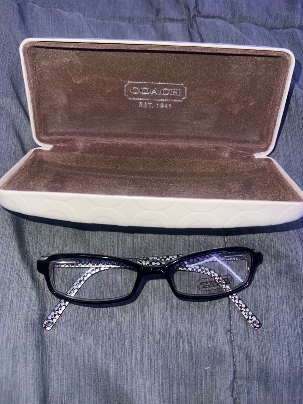Coach Black and Purple Rectangular Eyeglasses with Signature Monogram Temples